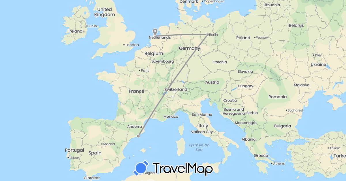 TravelMap itinerary: driving, plane in Germany, Spain, Netherlands (Europe)